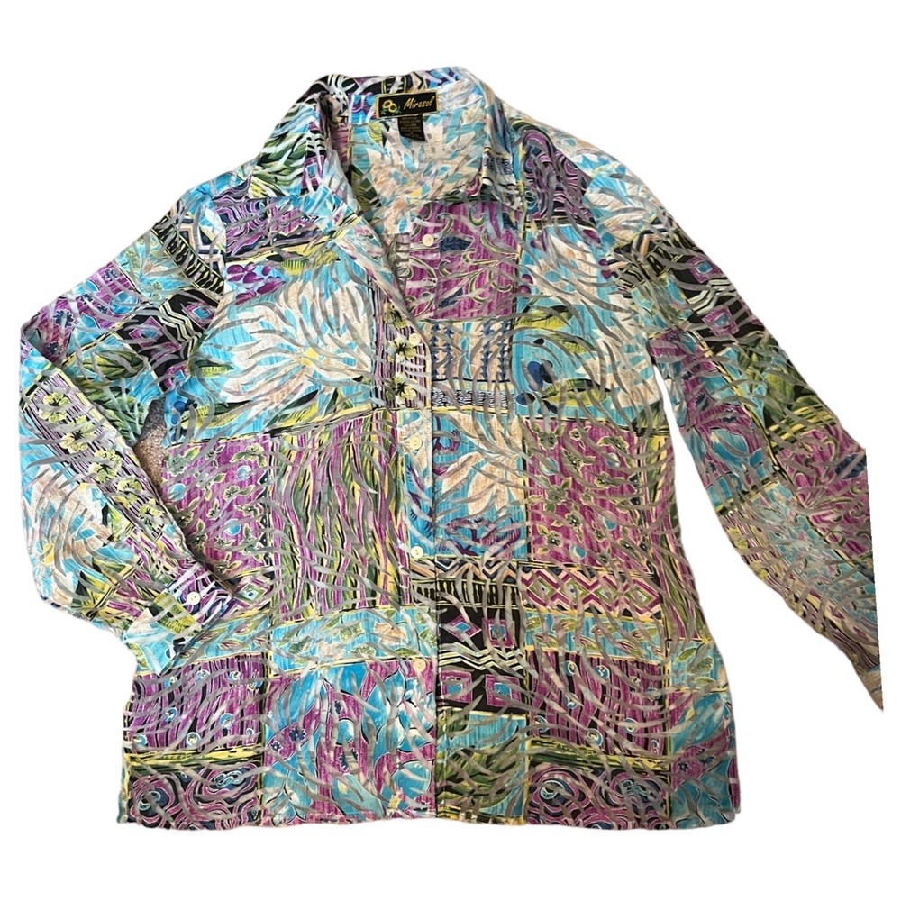 Retro Mirasol Funky Pattern Semi-Sheer Button Down Shirt